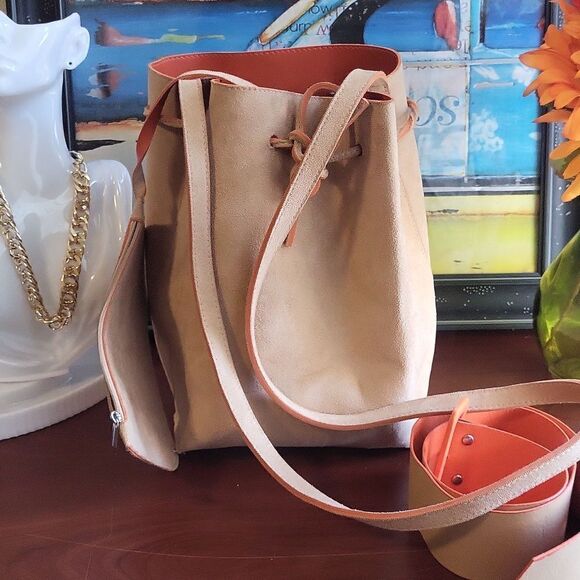 Laila GEIR NESS Suede Beige Orange Bucket Shoulder Bag With Coin Purse + Belt - Picture 7 of 13